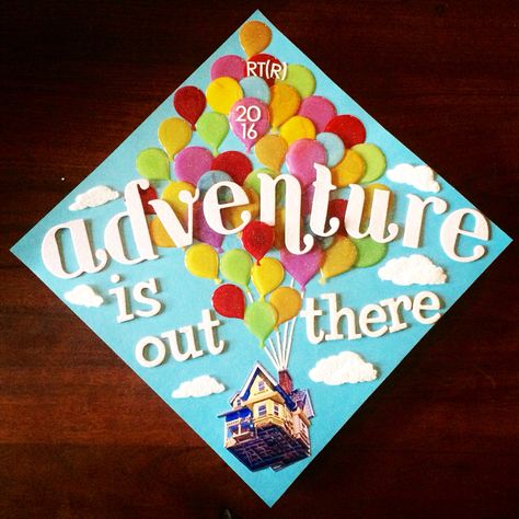 Disney Pixar UP inspired graduation cap!                                                                                                                                                      More Disney Grad Caps, Disney Graduation Cap, Creative Graduation Caps, Disney Graduation, Party Design Ideas, High School Graduation Cap, College Graduation Cap Decoration, Grad Cap Designs, Diy Graduation Cap