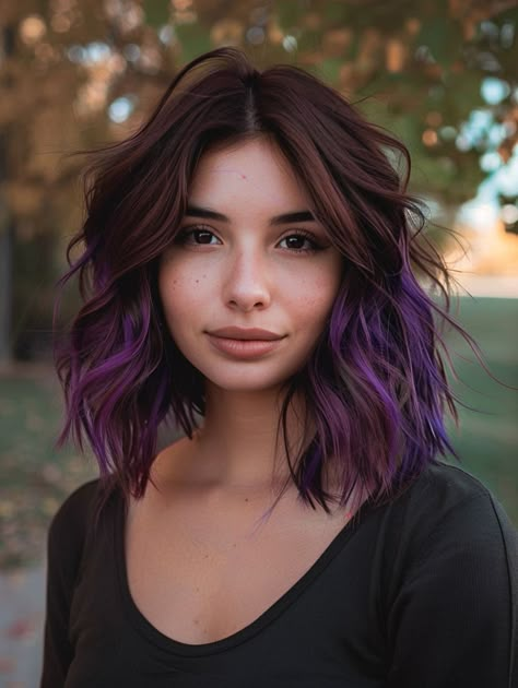 Dark Brown And Dark Purple Hair, Dark Hair With Purple Balayage, Chocolate Brown And Purple Hair, Dark Brown Hair With Lavender Highlights, Pop Of Color In Brown Hair, Purple Brunette Balayage, Purple Dipped Hair, Hair Dye Ideas For Dark Brown Hair, Brown To Purple Balayage