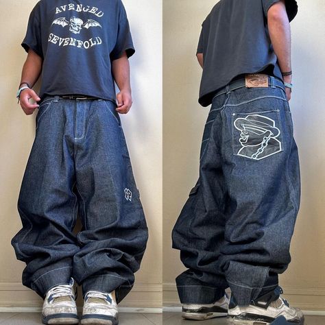 90s baggy embroidered skater hip hop grunge jeans by... - Depop Jnco Jeans Outfit 90s, Baggy Clothes Outfit 90s, Baggy Jeans Outfit 90s, Hip Hop 90, Hip Hop Grunge, Baggy Ripped Jeans, Fits For Guys, Looks Hip Hop, Silly Clothes