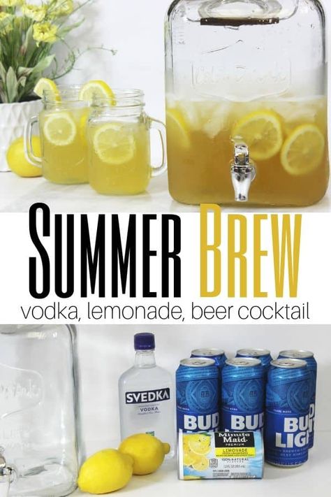 Summer brew is a vodka, lemonade, and beer cocktail that is perfect for summer. Summer beer is great for serving a crowd, and delicious. #summerbrew #summerbeer #cocktail #beer #vodka #lemonade #summerdrink #drink #punch #alcohol #easy #limeade #pinklemonade Beer Lemonade Drink, Beer Lemonade Vodka, Beer And Vodka Drink, Summer Brew Recipe, Punch Alcohol, Beer Punch, Summer Brew, Cocktail Vodka, Easy Alcoholic Drinks