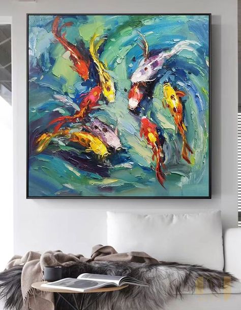 Acrylic Art Canvas, Color Abstract Art, Fish Abstract, Hand Decoration, Matisse Paintings, Blue Canvas Art, Painting Living Room, Color Abstract, Color Painting