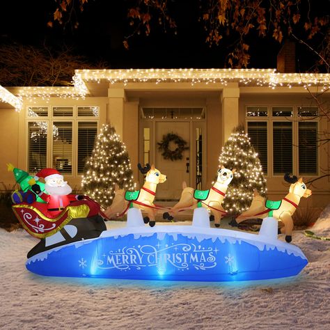 PRICES MAY VARY. Magical Night: This large, bright Christmas inflatable scene is perfect for adding some festive cheer to your home. Santa waves enthusiastically from his sleigh, while the reindeer pull a sleigh full of presents on a bed of snow. The writing below Santa reads "Merry Christmas", making this scene the perfect way to wish your friends and family a happy holiday. Premium Quality Material: Waterproof, snow proof, and sun proof, this Christmas blow up will last year after year! Made w Santa Sleigh With Reindeer, Outdoor Decorations Christmas, Sleigh With Reindeer, Christmas Blow Up, Inflatable Christmas Decorations Outdoor, Christmas Cartoon Characters, Magical Night, Inflatable Decorations, Christmas Inflatables