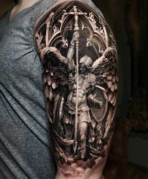 Guardian Tattoo For Men, Guardian Angel Back Tattoo, Archangels Tattoo, Arc Angel Michael Tattoo, Arc Angel Tattoo, Angel Michael Tattoo, Realistic Sleeve Tattoo, Saint Michael Tattoo, Arc Angels