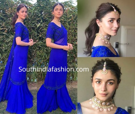 Alia Bhat Friends Wedding, Ponytail With Tikka, Alia Bhatt In Blue Saree, Saree Idea For Friends Wedding, Maang Tikka With Saree, Maang Tikka On Saree, Alia Bhatt Ponytail Hairstyles, Alia Bhatt In Manish Malhotra, Alia Bhatt Blue Dress