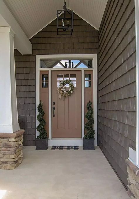 Brown Painted Door Exterior, Brown House With Colored Front Door, Front Door For Brown House, Painted Brown Front Door, Front Door Color With Brown House, Front Door On Brown House, Front Door With Sidelights Paint Ideas, Front Door Colors With Brown Siding, Front Door Brown House