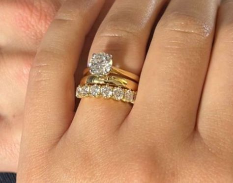 Gold Band With Round Diamond, Round Engagement Ring With Wedding Band Stack, Wedding Ring Stack Round Diamond, Round Solitaire Engagement Ring Stack, Round Engagement Ring Gold, Mixed Metal Wedding Rings Stack, Solitaire Ring Stack, Gold Wedding Ring Stack, Amethyst Jewelry Ring