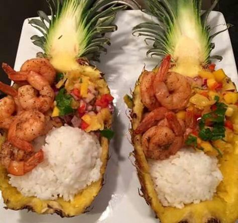 Food In A Pineapple, Stuff Pineapple Boats, Stuffed Pineapple, Caribbean Shrimp, Rice Image, Shrimp And Pineapple, Pineapple Bowls, Pineapple Boats, Salmon Stuffed