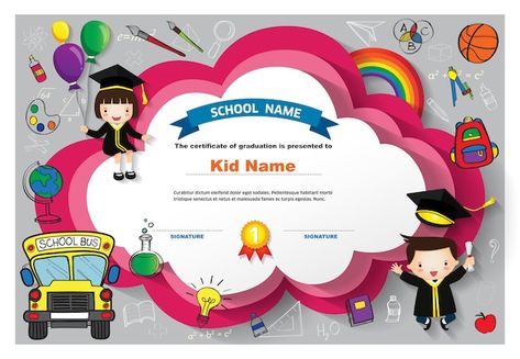 Kids diploma certificate background desi... | Premium Vector #Freepik #vector #kindergarten-certificate #kids-certificate #kindergarten-graduation #school-certificate Certificate Background Design, Classroom Awards Certificates, Kindergarten Graduation Certificate, Free Printable Certificate Templates, Preschool Diploma, Colorful Template, Background Invitation, Graduation Certificate Template, Free Printable Certificates