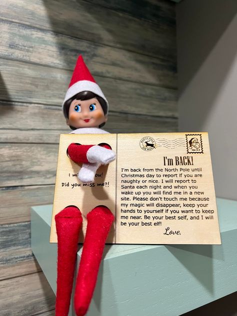 🎄Christmas In July🎄 Elf on the Shelf post cards! Customize the name of your child(ren) and elf’s $10 (I do ship) TAT: 1 day Laser cut/engraved *Elf not included Cricut Elf On The Shelf, Laser Cut Elf On The Shelf, Elf On The Shelf Laser Cut Ideas, Omtech Laser Projects, Elf On The Shelf Day 1, Laser Business, Elf Christmas Card, Shelf Elf, Kids Projects