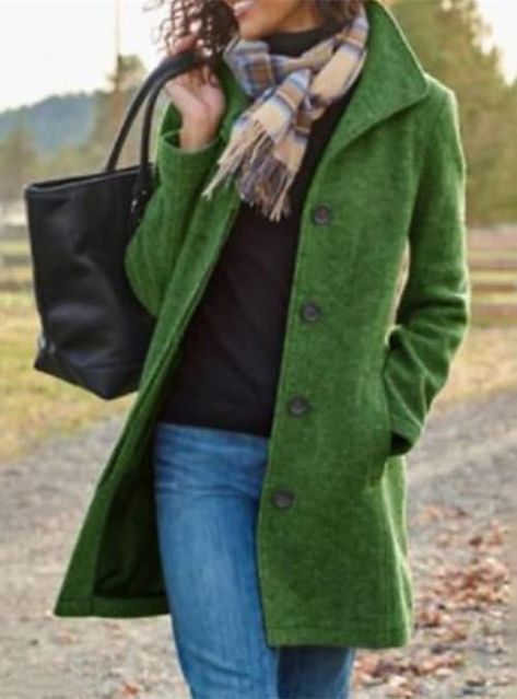 Daily Street Style, Mode Mantel, Wool Coat Women, Single Breasted Coat, Winter Outerwear, Wool Peacoat, Green Coat, Woolen Coat, Casual Coat