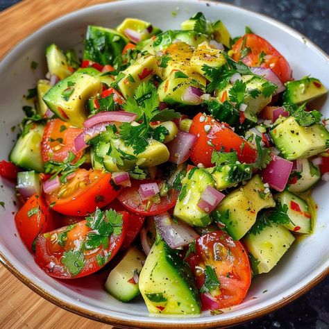 🥑🍅 Refresh your palate with Cucumber Tomato Avocado Salad! Light, zesty, and bursting with flavor. #SummerSalad #HealthyEats Cucumber Tomato Avocado Salad Recipe 🌟 Ingredients: 2 cucumbers, diced (about 400g) 2 tomatoes, diced (about 300g) 2 avocados, diced (about 400g) 1 red onion, chopped (about 100g) 10g fresh cilantro, chopped 30ml olive oil 30ml lime juice Salt and pepper to taste Instructions: In a large bowl, combine diced cucumber, tomato, avocado, and red onion. In a small bowl, ... Best Salad Combinations, Recipes With Avocado, Tomato Cucumber Avocado Salad, Cucumber And Avocado Salad, Veggie Salads, Cucumber Tomato Avocado Salad, Red Salad, Tomato Avocado Salad, Cilantro Recipes