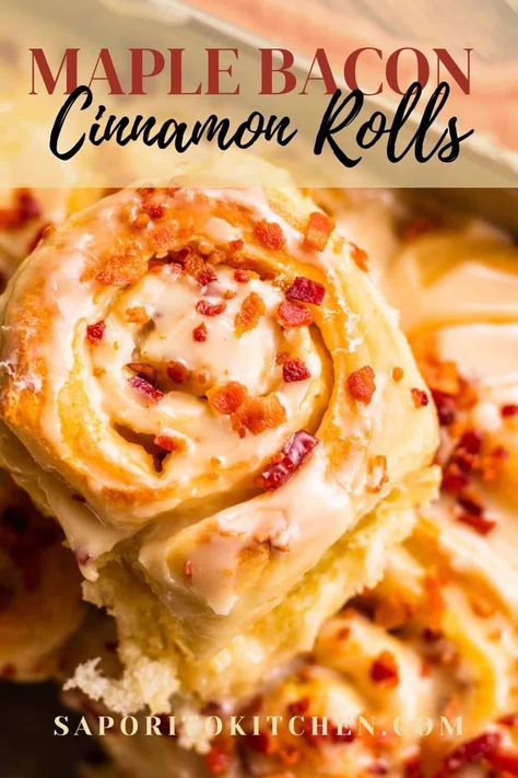 Cinnamon Rolls With Bacon, Meat Cinnamon Rolls, Bacon Cinnamon Rolls Pillsbury, Bacon Cinnamon Rolls Homemade, Maple Bacon Bread, Maple Syrup Cinnamon Rolls, Thanksgiving Recipes With Bacon, Fall Cinnamon Rolls Recipe, Maple Cinnamon Rolls Homemade