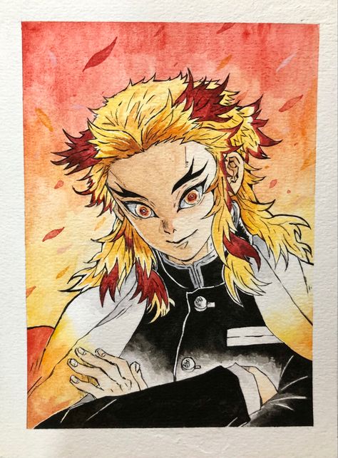 kyojuro rengoku kimetsu no yaiba watercolour painting Rengoku Painting, Book Art Diy, Nature Art Painting, Amazing Art Painting, Art Inspiration Painting, Watercolor Drawing, Kimetsu No Yaiba, Watercolour Painting, Painting Inspiration