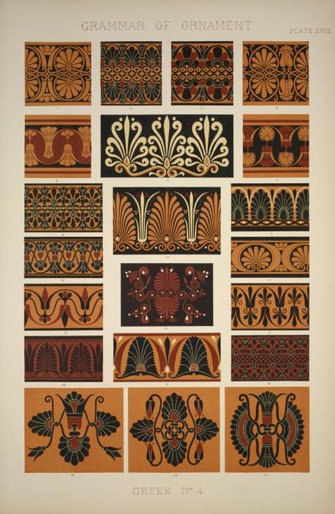 Greek no. 4: Ornaments from Greek and Etruscan vases in the British Museum and the Louvre. - NYPL Digital Collections Grammar Of Ornament, Cultural Patterns, Owen Jones, Greek Pattern, Marquesan Tattoos, Greek Pottery, Graphic Design Books, Greek Vases, Grece Antique