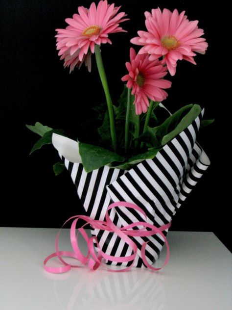 Here's how to simply wrap a plant with wrapping paper, double sided tape, and ribbon to make it feel special and gift worthy! Wrap Potted Plants, Plants For Gifts, Plant As A Gift, Spring Luncheon, Black And White Ball, Wrap Flowers, Flowers Pot, Pink Gerbera, Creative Items