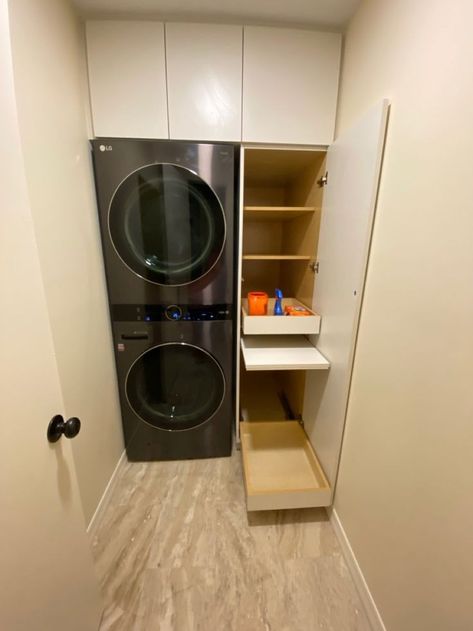 Small Laundry Room With Refrigerator, Small Laundry Room Ideas Double Stack, Stackable Washer And Dryer Pedestal, Lg Tower Laundry Room Ideas, Small Laundry Room Ideas Lg Washtower, Washtower Laundry Room Ideas, Washer Tower Laundry Room, Lg Wash Tower Laundry Room, Lg Tower Laundry Room