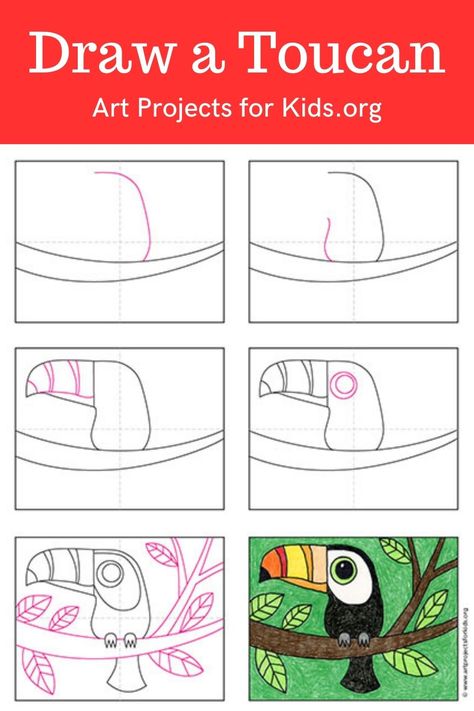 Learn how to draw a Toucan with an easy step-by-step PDF tutorial.    #howtodraw #tutorial #drawing #drawingtutorial #arttutorial #artprojectsforkids #howtodrawforkids #toucandrawing How To Draw A Toucan Step By Step, How To Draw A Toucan, Step By Step Drawing For Kids, Toucan Drawing, Toucan Craft, Miro Artist, Color Art Lessons, Artist Monet, Collaborative Mural