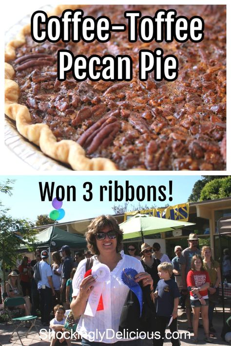 Coffee-Toffee Pecan Pie pinterest pin Toffee Pecan Pie, Coffee Pie Recipes, Toffee Pie, Pecan Pie Recipes, Coffee Pie, Coffee Toffee, Dessert Cravings, Pie Fillings, Thanksgiving Meals