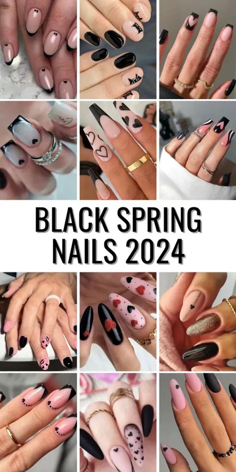 Nail Art Designs 2024 Trend, Spring Nails With Black, Black Nails Spring, Spring Black Nails, Simple Nail Art Black, Black Nails 2024, Spring 2024 Nails, 2024 Spring Nails, Spring Nails 2024 Trends Short