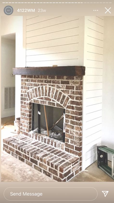 Half Stone Half Shiplap Fireplace, Natural Fireplace, White Wash Fireplace, Exposed Brick Fireplaces, Fireplace Installation, Farmhouse Fireplace Decor, Fireplace Mantel Designs, Cottage Fireplace, Brick Hearth