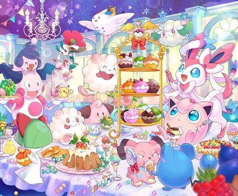 Fairy-Types - Mime Jr. Mr. Mime, Ralts, Floette, Swirlix, Cleffa, Togekiss, Snubbull, Cottonee, Sylveon, Jigglypuff, and Marill by Shiori Ash E Pikachu, Kawaii Pokemon, Fairy Type Pokemon, Oc Pokemon, Types Of Fairies, Pokémon Stuff, Pokemon Eeveelutions, Fandom Art, Cute Pokemon Pictures