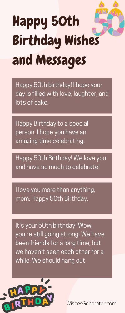 Happy 50th Birthday Wishes and Messages In This Article, We Share Ideas On: Inspirational 50th Birthday Quotes; Quotes For 50th Birthday Woman; 50th Birthday Wishes For Female Friend; 50th Birthday Wishes To My Best Friend; Funny Happy 50th Birthday Wishes; Happy 50th Birthday Wishes Man; Happy 50th Birthday Man; Happy 50th Birthday Images; And Many More. 50th Birthday Greetings For Men, Happy 50th Birthday Wishes Female Friend, 50th Birthday Messages For Women, 50th Birthday Wishes For Women, Funny 50th Birthday Quotes Men, 50th Birthday Wishes Men, Quotes For 50th Birthday, Happy 50th Birthday Wishes Female, Birthday Greetings For Men