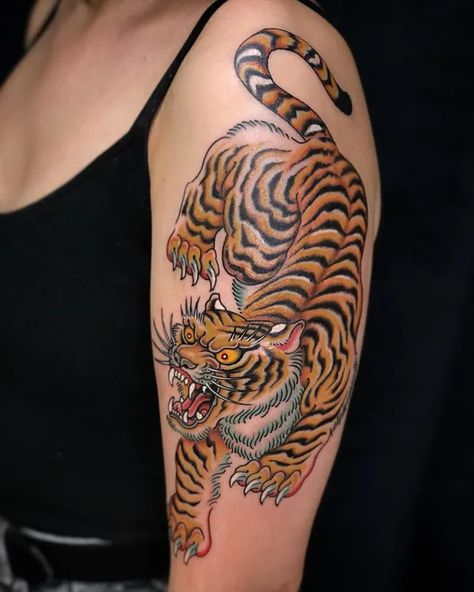 Trending Neo Traditional Tattoos • Search in +1.3M Tattoos Now • Tattoodo Tiger Forearm Tattoo, Traditional Tiger Tattoo, Tato Tradisional, Japanese Tiger Tattoo, Panther Tattoo, Tiger Tattoo Design, Tattoo Magazine, Tattoo Now, Tatuaje A Color