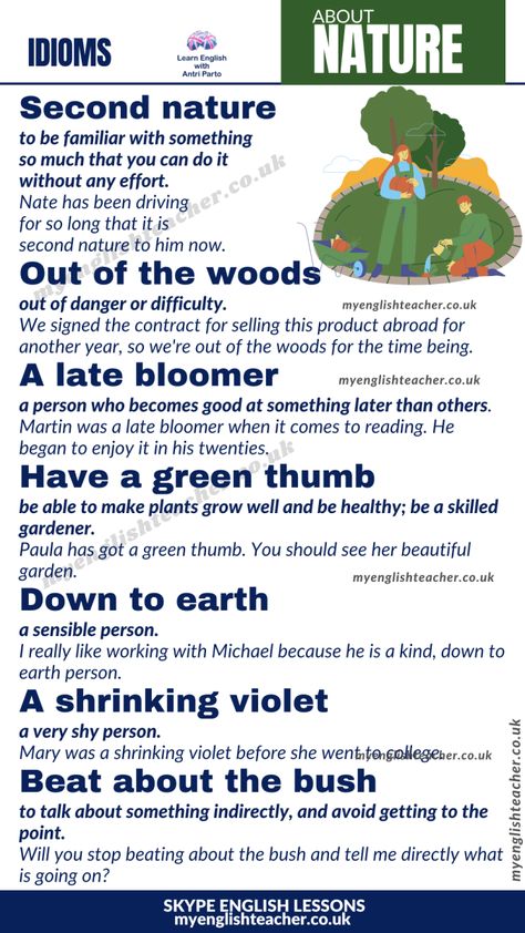 12 Idioms Related to Nature English Phrases Idioms, Idioms And Phrases, Conversational English, English Vocab, Interesting English Words, Good Vocabulary Words, Good Vocabulary, English Language Teaching, English Writing Skills