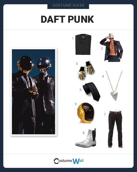 The best Daft Punk costume guide online. Capture the look of this iconic French dance music duo, famous for their robot-inspired headgear. Daft Punk Inspired Outfit, Daft Punk Costume, Daft Punk Halloween Costume, Punk Inspired Outfits, French Dance, Dance Duo, Punk Costume, Got Costumes, Costume Guide