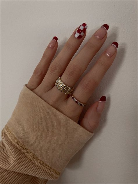 Fall Nails Round, Double French Manicure, White Nails Inspo, Racing Nails, Cottagecore Nails, Red French Manicure, Cute Red Nails, 5sos Nails, Cherry Nail Art