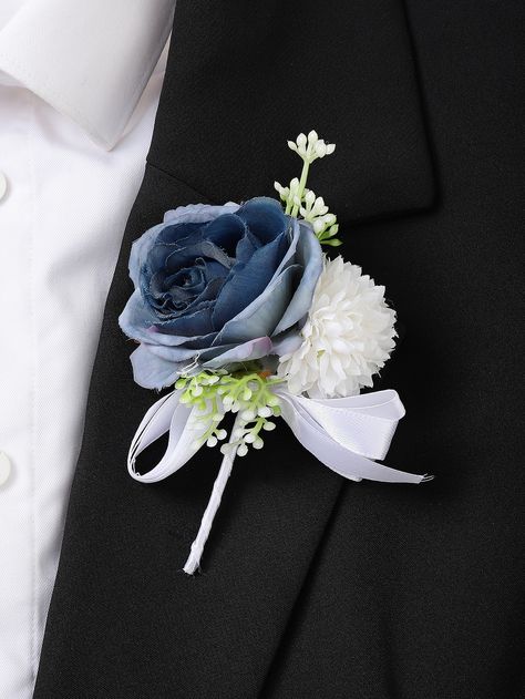 Blue And Grey Wedding Theme, Navy Boutonniere, All Black Tux, Corsage Flowers, Boutonniere Ideas, Grey Wedding Theme, Wedding Settings, Blue Boutonniere, Blue Wedding Bouquet