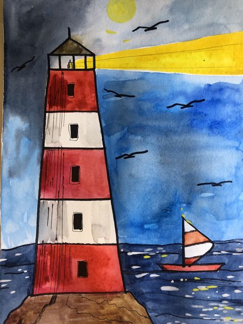 Watercolor Houses, Sketchbook Spreads, Boat Drawing, Lighthouse Painting, Buddha Painting, Diy Watercolor Painting, Diy Watercolor, Light House, Drawing For Kids