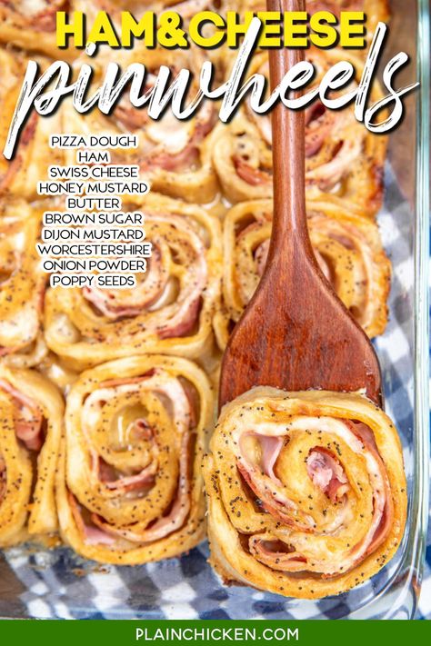 Hot Ham and Cheese Pinwheels Recipe - layers of honey mustard, deli ham, and melty cheese baked in pizza dough and topped with a sweet and savory glaze made with butter, brown sugar, dijon mustard, Worcestershire sauce, and poppy seed. Whether you're serving them at a party, for an afternoon snack, or as an appetizer, they'll have everyone reaching for seconds. March Madness Party Food, Hot Ham And Cheese, Cream Cheese Biscuits, Cream Cheese Sausage Balls, Ham And Cheese Pinwheels, Cheese Pinwheels, Pinwheel Recipes, Plain Chicken, Deli Ham