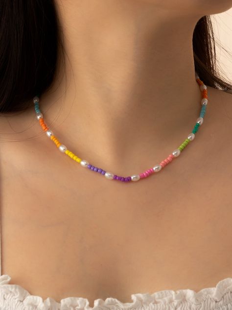 Multicolor Vacación Collar  Vidrio  Cuentas Embellished   Bisutería Trendy Beaded Necklace, Hand Jewelry Rings, Multicolor Necklace, Pola Manik, Embellished Fashion, Beads Craft Jewelry, Beaded Jewelry Necklaces, Colorful Necklace, Beaded Necklace Diy