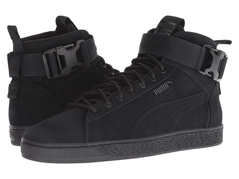 PUMA Suede Classic Mid Buckle (Puma Black/Puma Black) Men's Boots. Raise the stakes on a sport classic with the PUMA Suede Classic Mid Buckle sneaker. Soft  comfortable suede uppers in a mid-top style. Foam-padded collar and tongue offer a great fit. Lace-up closure. Webbing strap and buckle closure for added support. Textile lining and a cushioned sockliner for comfort and added cushioning. Ribbed toe bumper with signature PU #PUMA #Shoes #Boot #GeneralBoot #Black Industrial Boots, Black Boots Men, Shoes Boot, Puma Kids, Asics Men, Black Puma, Puma Suede, Webbing Strap, Lacoste Men