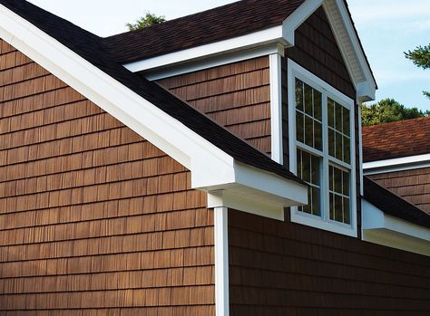 The real look of wood without all the maintenance. Vinyl Cedar Shake Siding, Brown Houses, Stone Vinyl Siding, Vinyl Shake Siding, Cedar Shake Shingles, Cedar Shake Siding, Cedar Shake, White Siding, Shake Siding