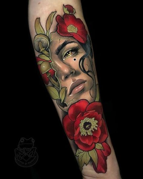 New School Flower Tattoo, P Tattoos, Tatuaje Love, Real Tattoos, Neo Tattoo, Neo Trad Tattoo, Flash Designs, Neotraditional Tattoo, Ink Magazine