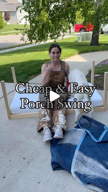 Rebecca Janis on Instagram: "#AD Comment “plans” for a step by step to build your own!   This swing cost me just under $250 to build and it’s the perfect size for a smaller porch. I used a crib mattress for the cushion to keep the costs down.   The porch swing kit from @nationalhrdware made it extremely easy to install and I feel good knowing it’s nice and sturdy while still allowing it to swing.   Here’s the full breakdown 👇🏻 • Porch swing kit from @nationalhrdware $38 • Pine boards $62 • Pocket screw $10 • Crib mattress $40 • Outdoor wood stain/paint $25 • Spax screws $10 • Wood glue $10 • 1” thick rope $40   Total = $235  The only tools you’ll need are a: • miter saw or miter box • @kregjig pocket jig  • Drill  • Nail gun or hammer   If you need me I’ll be hanging out on this swing so Outdoor Wood Stain, Pocket Jig, Porch Swing Plans, Diy Futon, Porch Bed, Diy Swing, Diy Porch Swing, Front Porch Swing, Porch Swing Bed