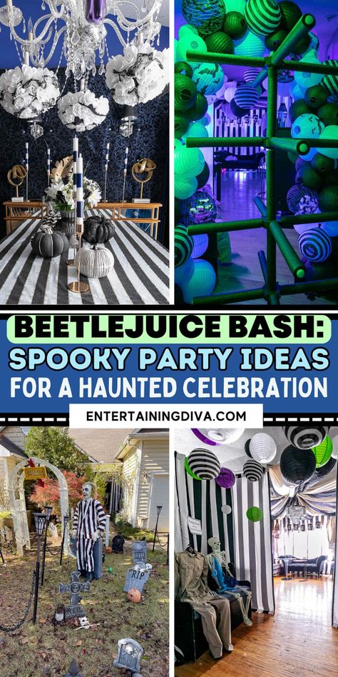 Beetlejuice Bash: Spooky Party Ideas For A Haunted Celebration | Halloween Party Ideas Tim Burton Birthday Party Decorations, Beetlejuice Themed Food, Tim Burton Party Decorations, Beetlejuice Theme Party, Tim Burton Themed Party, Tim Burton Halloween Party, Beetle Juice Party, Beetlejuice Party Ideas, Beetlejuice Halloween Decorations