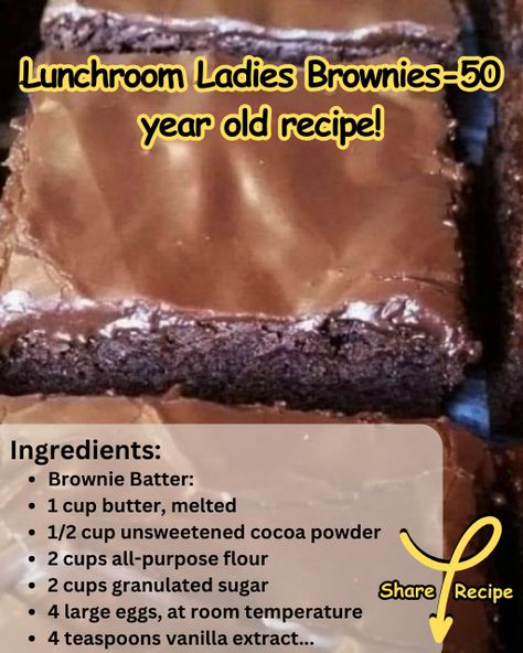 Take a nostalgic trip down memory lane with our “Lunchroom Ladies Brownies” recipe... Lunchroom Brownies 50 Years Old, Lunchroom Lady Recipes, Lunch Room Brownies, Paula Deen Brownies Recipe, Lunch Lady Brownies 12 Tomatoes, Lunch Ladies Brownies, Regency Brownies, Lunchroom Ladies Brownies, Lunch Lady Brownies Sheet Pan