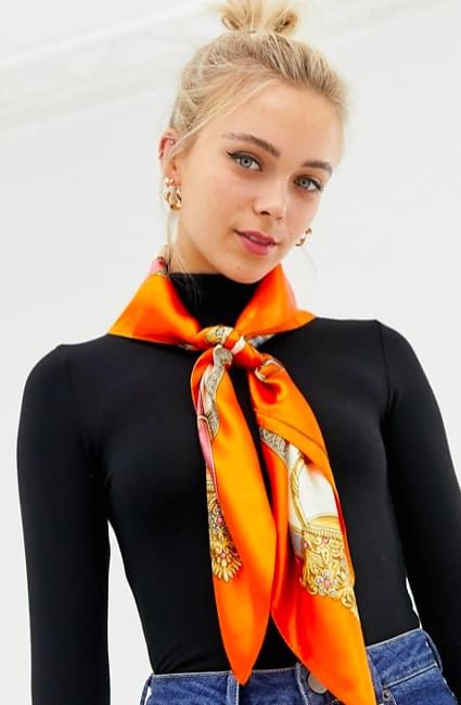 Get it from Asos for $16. Find it in blue and white here. Fred Jones Costume, Orange Scarf Outfit, Silk Scarf Outfit, Fred Jones, Scarf Outfit Winter, Scarf Wearing Styles, Neck Scarf Tying, Silk Scarf Style, Silk Neck Scarf