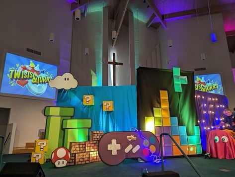 Vbs Game On Decorations, Video Game School Theme, Video Game Vbs Decorations, Vbs Game Theme, Vbs 2023 Twists And Turns Craft Ideas, Vbs 2023 Twists And Turns Decorating Ideas, Vbs Twists And Turns Decorations, Vbs 2023 Twists And Turns Decorations, Vbs Twists And Turns