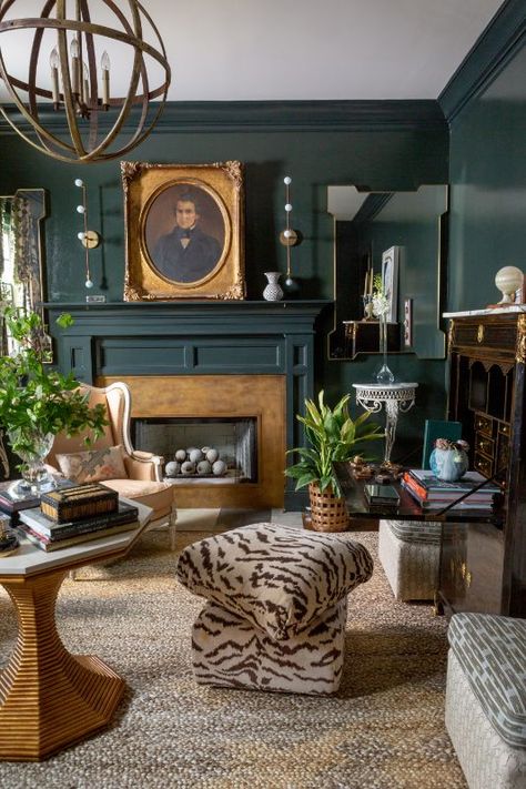 Dark And Moody Living Room Modern, Dark Green Living Room Fireplace, Dark Moody Living Room Eclectic, Moody Living Room Jewel Tones, Moody Sunroom, Dark Victorian Living Room, Moody Modern Living Room, Moody Boho Living Room, Living Room Moody