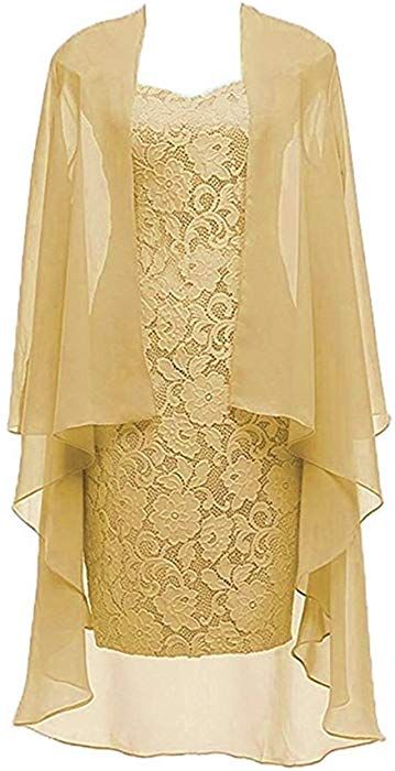 Column 3/4 Sleeves Lace Chiffon Short Wedding Mother Evening Dresses Formal Gold Size 2 Prom Dress Short Lace, Mother Of Bride Dress, Lace Prom Dresses, Dress With Jacket, Chiffon Shorts, Chiffon Evening Dresses, Yellow Lace, Mother Of The Bride Dress, Prom Dresses Lace