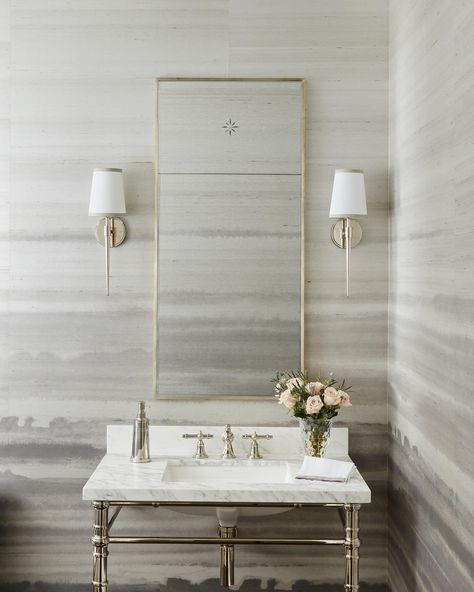 Pink Powder Room, Transitional Powder Room, Beautiful Powder Rooms, Wallpaper Powder Room, Reclaimed Wood Mirror, Powder Room Wallpaper, Chicago Design, Powder Room Design, Powder Rooms