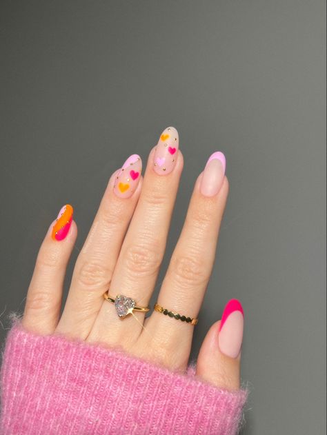 #nails #nailart #brightnails #pinknails #orangenails ##stylishnails #valentinesdaynails #heartnails #frenchtipnails Pink And Orange Valentines Nails, Orange Valentine Nails, Abstract Valentines Nails, Orange Heart Nails, Neon Heart Nails, Nails Ideas Purple, Nails Designs Black, Valentine Nails Pink, Pink Nail Ideas