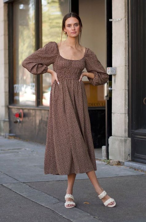 Square Neck Puff Sleeve Dress - Dress - Lilou - MOD&SOUL Square Neck Midi Dress Long Sleeve, Midi Puff Sleeve Dress, Mid Dress Outfit, Puff Sleeve Dress Outfit, Fall Outfits Dress, Shein Outfits Fall, Fall Outfits Office, Cozy Fall Outfits Aesthetic, Puff Sleeve Dress Casual