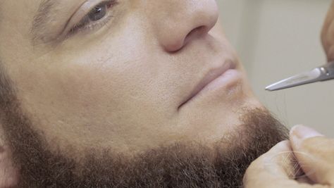 Lance Anderson creates a realistic look by laying the beard more thinly and sporadically as he approaches the edge. Fake Beards, Fake Mustaches, Movie Makeup, Fashion Decades, Special Makeup, Silicone Masks, Costume Tutorial, Male Makeup, Fx Makeup