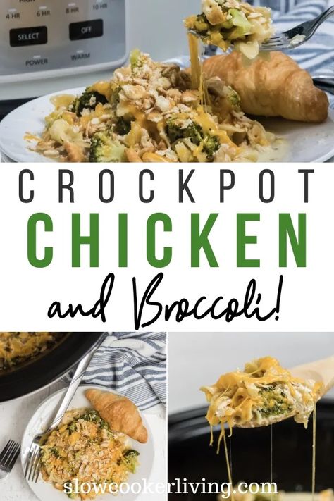 Pin showing images of the finished slow cooker chicken and broccoli top and bottom with title across the middle. Slow Cooker Chicken And Broccoli, Brócoli Recipes, Chicken Broccoli Crockpot, Crockpot Chicken Healthy, Crockpot Chicken Breast, Ww Recipe, Crockpot Casserole, Pot Dinners, Chicken And Broccoli