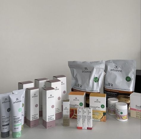 A table with an array of arbonne products. Everything from beauty, skincare, and inner health! Arbonne Asthetic, Arbonne Aesthetic, Arbonne Skin Care, Mood Vibes, 2023 Vision, Cleanse Your Body, December 2024, Toxin Free, Free Life